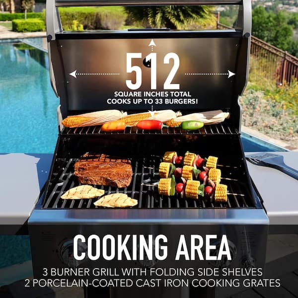 3-Burner Pedestal Propane Gas Grill in Azure with Side Hooks