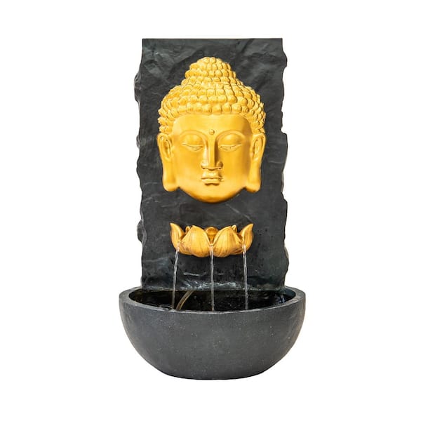 30 in. H Fiberglass Wall Cascade Buddha Zen Outdoor Garden Water Fountain w/ warm LED Light, Gold