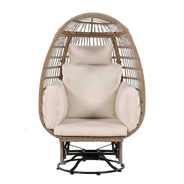 Boosicavelly Natural Rattan Wicker Outdoor Patio Swivel Swing Chair with Rocking Function with Beige Cushions