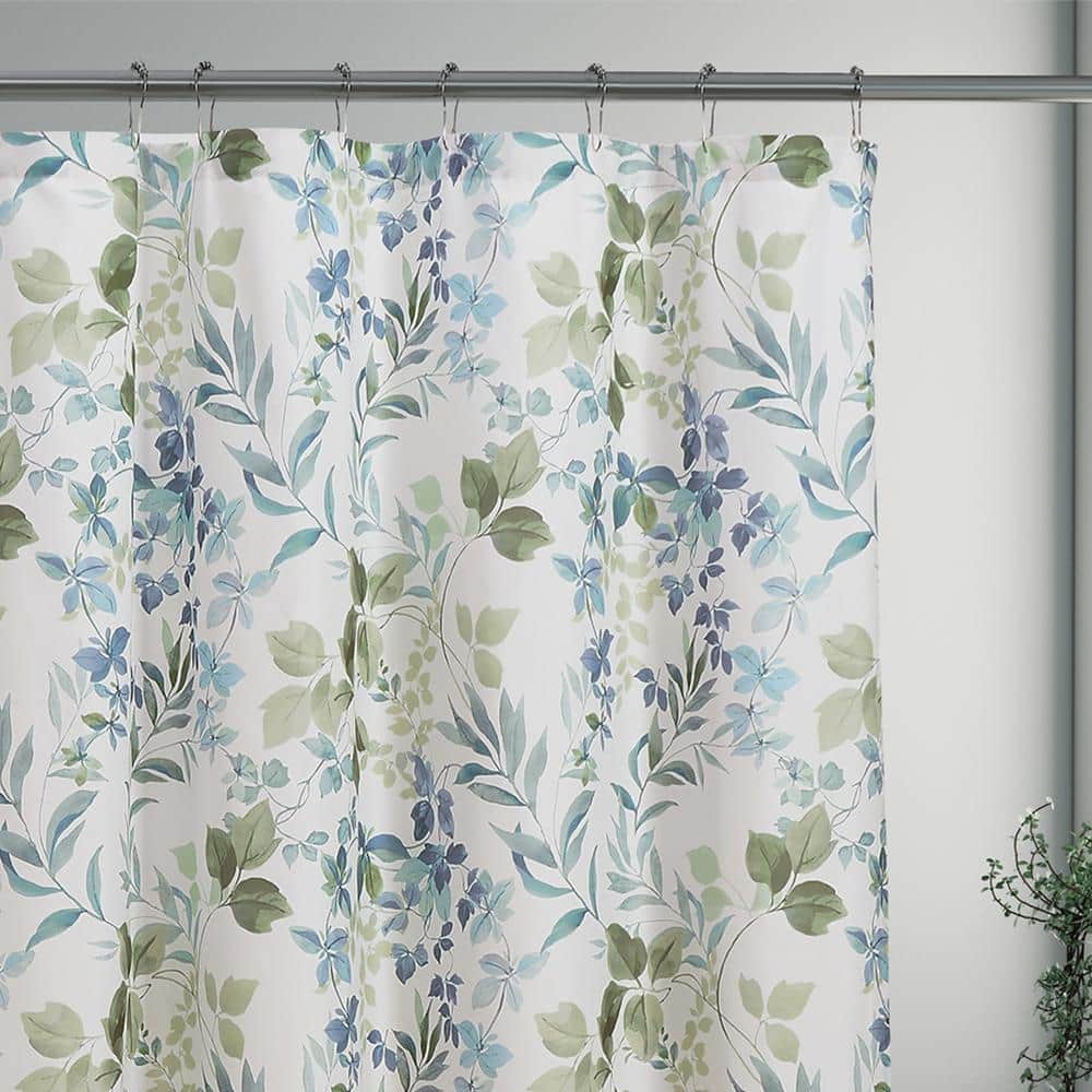 Standard Blue and Green Polyester Botanical Leaf Shower Curtain