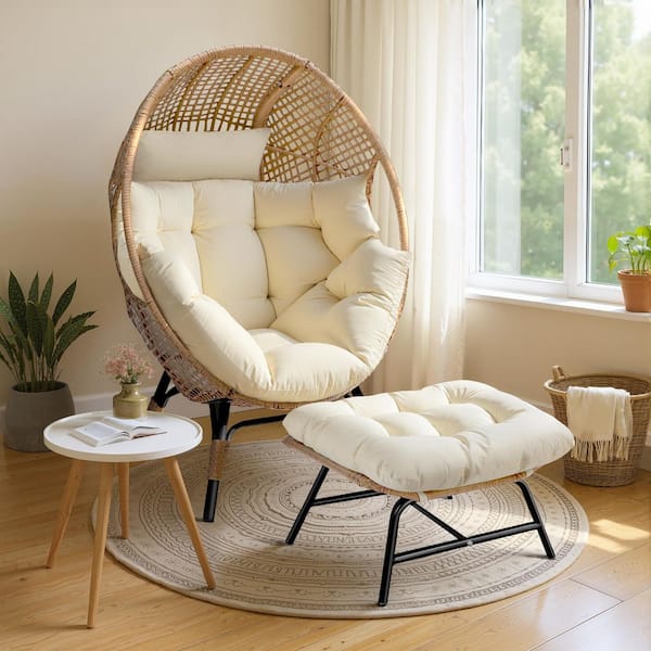 Wicker Indoor Outdoor Egg Lounge Chair with Ottoman, Deep Seat and Beige Cushions, Oversized Cozy Patio Chair for Porch