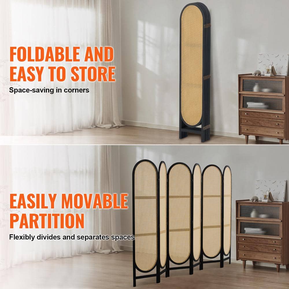6-Panel Black and Natural Rattan Folding Room Divider
