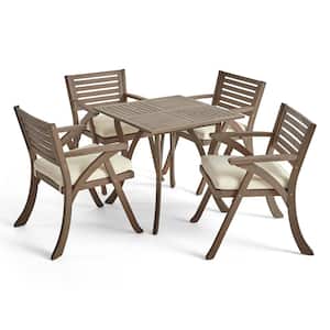 Hermosa Grey 5-Piece Acacia Wood Square Table Outdoor Dining Set with Cream Cushions