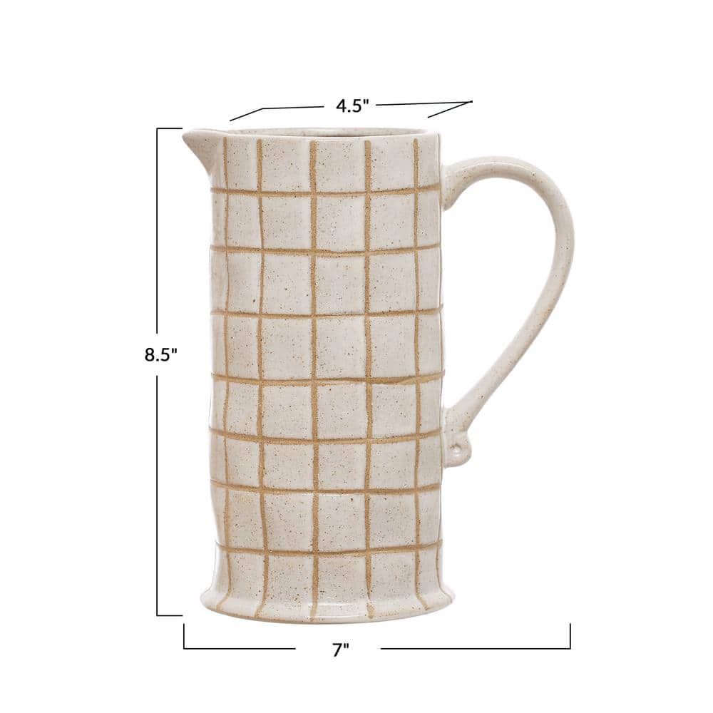 Cream and Brown Stoneware Pitcher with Wax Relief Grid Pattern