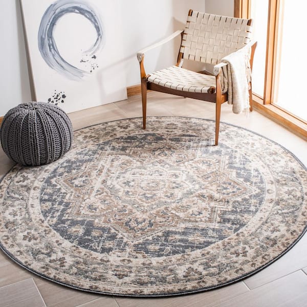 Pyramid 4 ft. x 4 ft. Ivory/Beige Ornate Border Round Area Rug