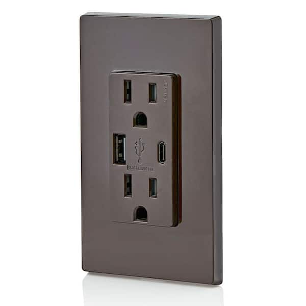 15 Amp Decora Type A and C USB Charger Tamper-Resistant Outlet, Brown T5633-B