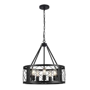 5-Light Black Rustic Farmhouse Drum Chandelier for Kitchen Island with no bulbs included