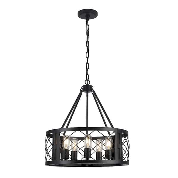 5-Light Black Rustic Farmhouse Drum Chandelier for Kitchen Island with no bulbs included