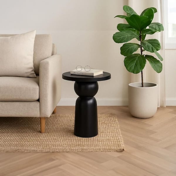 THE URBAN PORT Tia 12 in. Matte Black Round Mango Wood Side End Table with Turned Pedestal Base