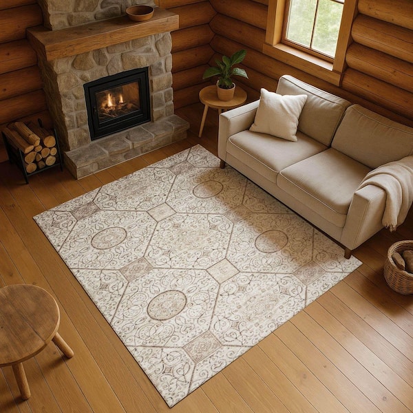 Mayfield Premium Machine Washable Abstract AMF1748 Beige 3 ft. x 4 ft. Area Rug