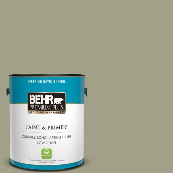 BEHR PREMIUM PLUS 1 gal. #BXC-82 Potting Moss Satin Enamel Low Odor Interior Paint & Primer