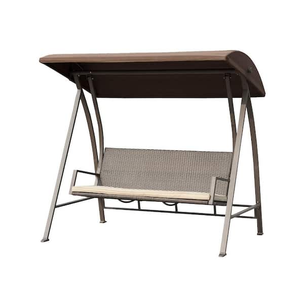Kahomvis 74.8 in. 3-Person Brown Metal Patio Swing with Adjustable Canopy, Outdoor Patio Porch Swing Chair with Steel Frame
