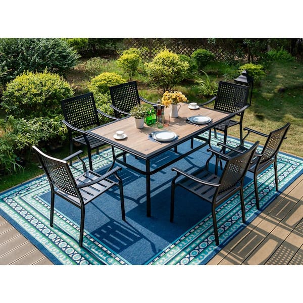 PHI VILLA 7-Piece Metal Patio Outdoor Dining Set with Rectangle Table and Bull's Eye Pattern Dining Chairs