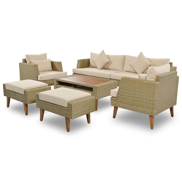 Tenleaf 6-Pieces Brown All Weather PE Wicker Patio Conversation Set with Brown Double Cushions, Wood Legs Wood Tabletop
