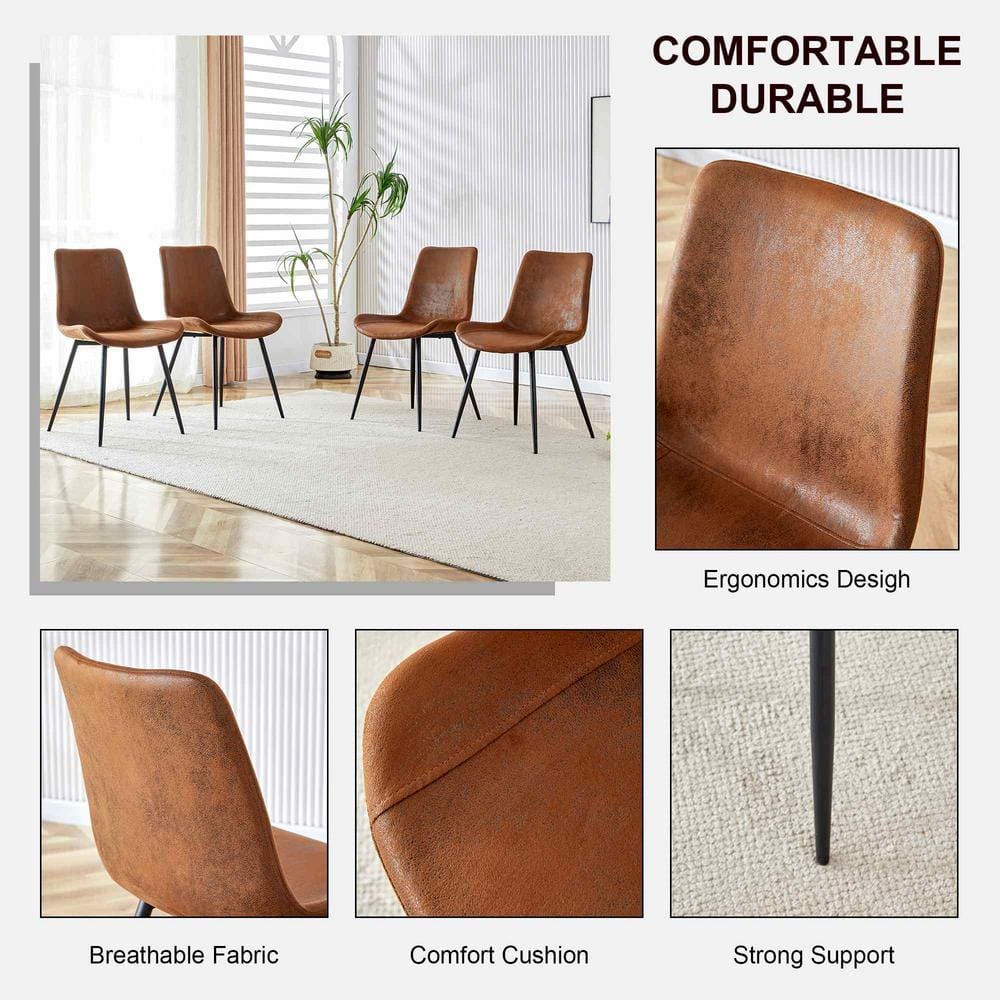 Brown Suede Upholstered High Back Side Chair Set with Metal Legs