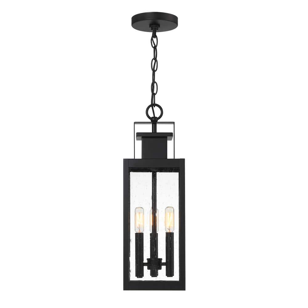 Matte Black 3-Light Outdoor Hanging Lantern with Clear Seeded Glass