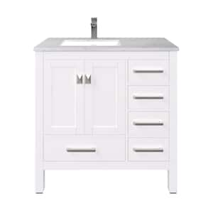 London 36 in. W x 18 in. D x 34 in. H Single Sink Freestanding Bath Vanity in White with White Carrara Quartz Top