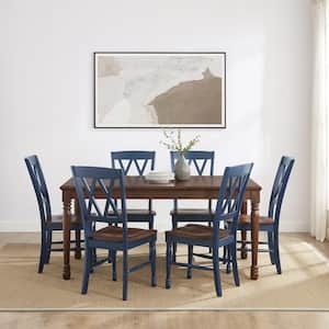 Shelby 7-Piece Rectangular Dark Cherry and Navy Wood Top Dining Table Set Seats 6