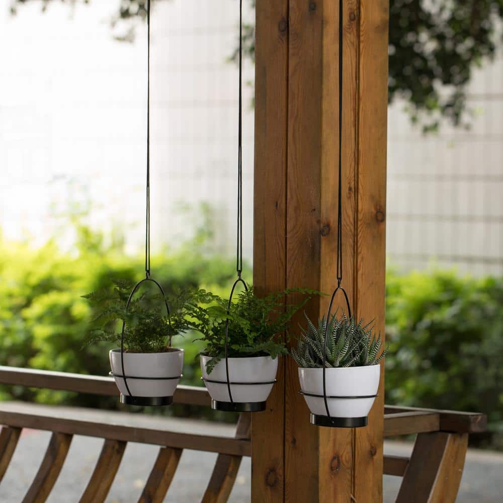 Sleek Dual-Tone Metal Hanging Planter, White and Black, 53"