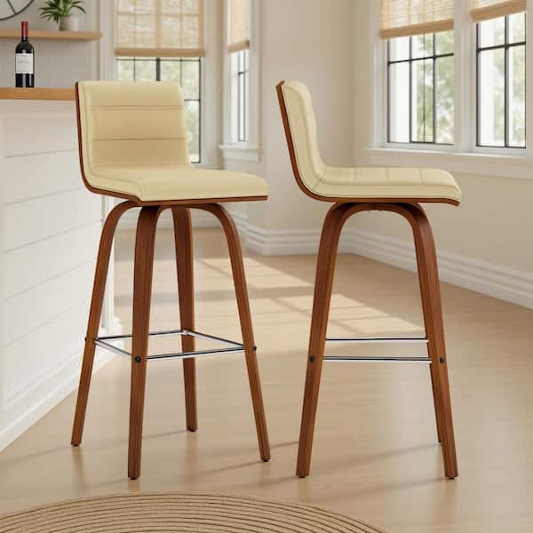 Vienna 39 in. H Cream Low Back Wood Bar Stool with Faux Leather Seat (Set of 2)