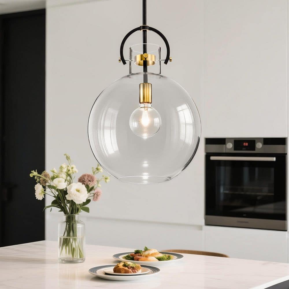 Essence 1-Light 14 in. Contemporary Matte Black and Gold Pendant Light Fixture with Globe Shaped Clear Glass Shade price history on PriceWatchPro