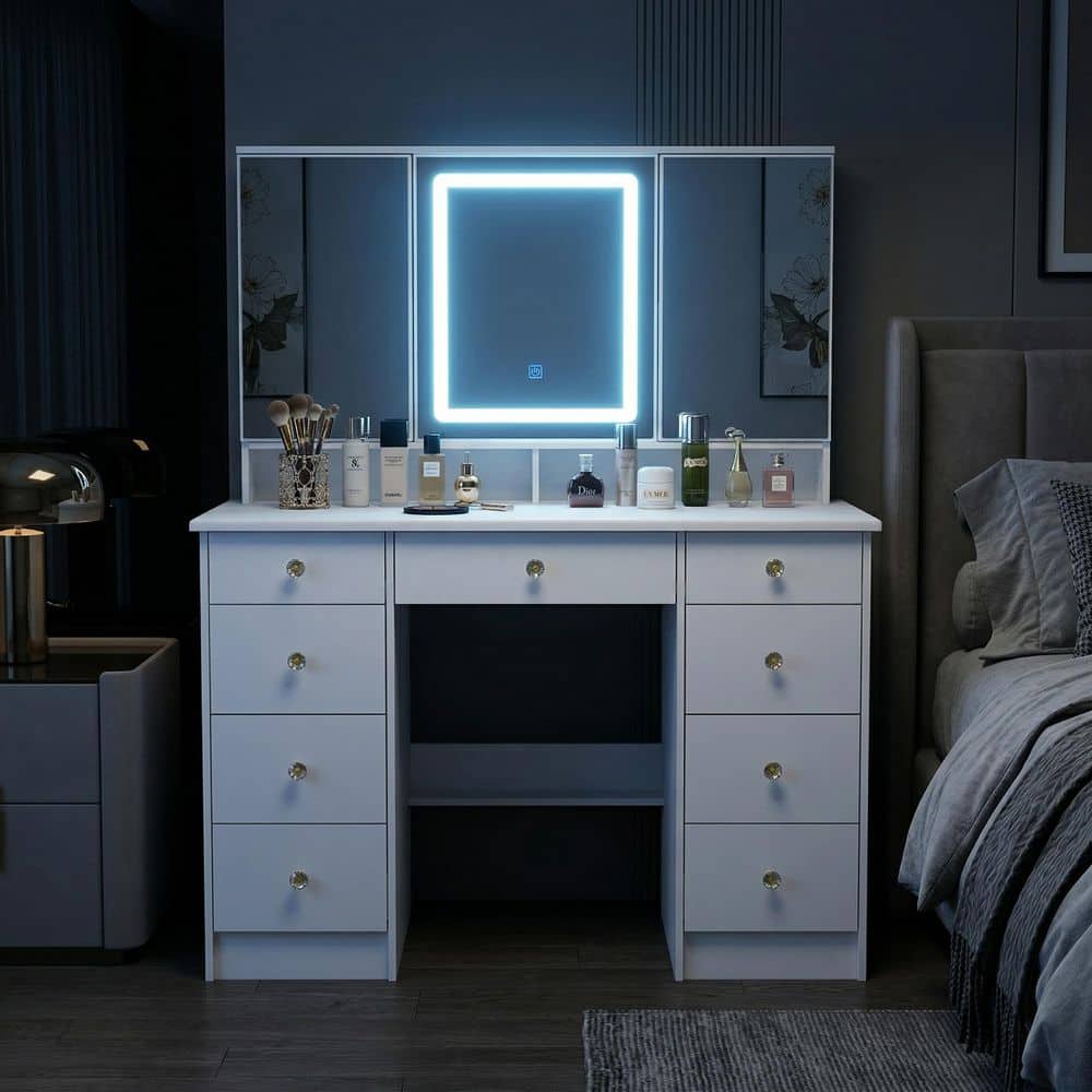 White Modern Makeup Vanity Desk 9 Drawers Wood Dressing Table With 3 Mirrors, Hidden Storage Shelves, LED Lighted - thumbnail 4