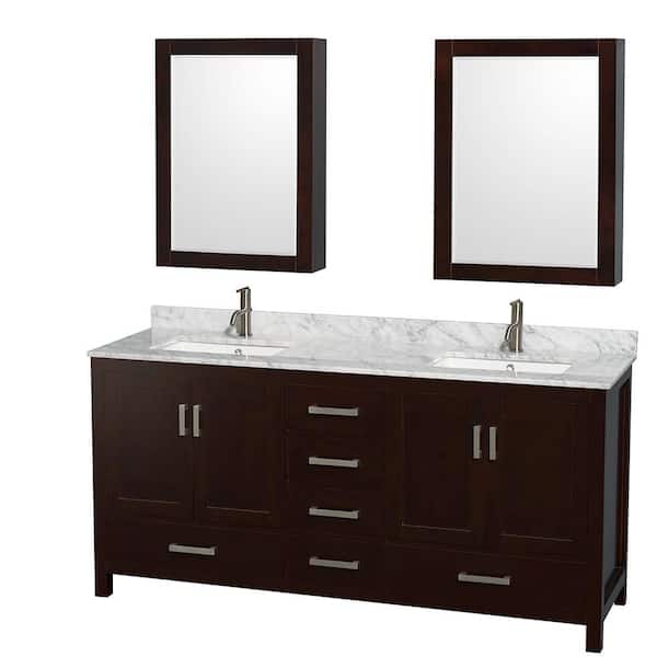 Wyndham Collection Sheffield 72 in. W x 22 in. D x 35 in. H Double Sink Bath Vanity in Espresso with White Carrara Marble Top and Mirror
