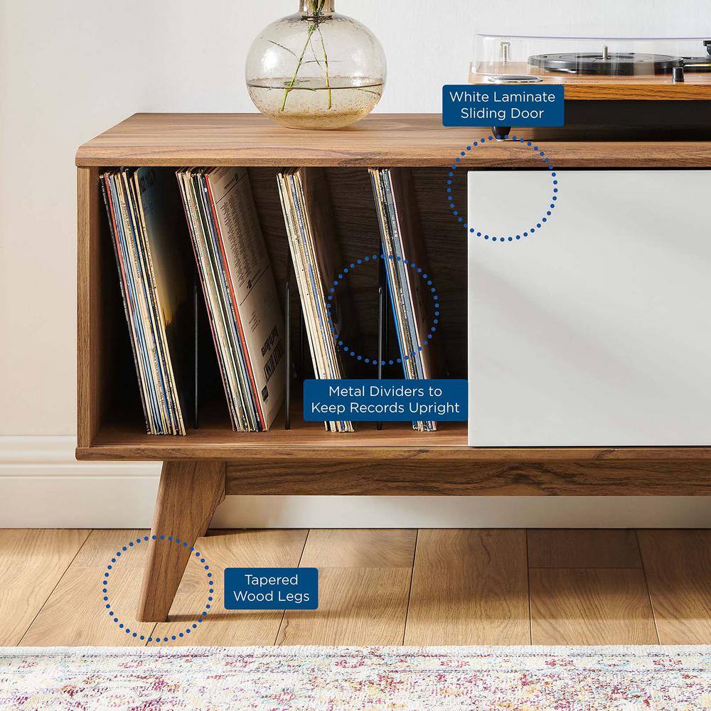 Envision Walnut & White Vinyl Record Display Stand with Sliding Door