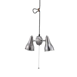 7 in. 2-Light Dual Brush Silver Adjustable Metal Cone Pull String Pendant Ceiling