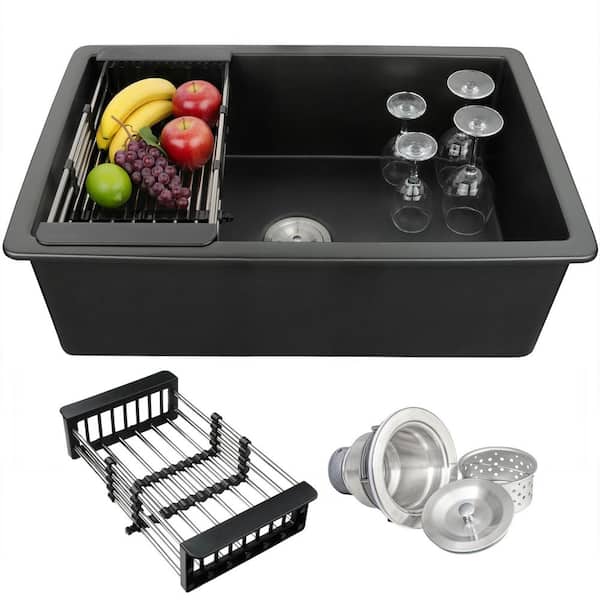 Black Fireclay 32 in. Single Bowl Undermount Kitchen Sink with Basket Strainer