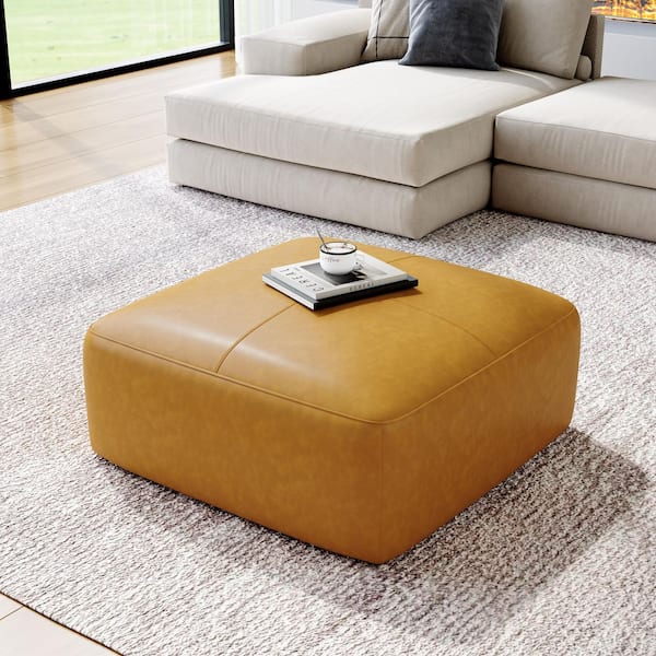 Uixe 35 in. Wide Mid-Century Brown Genuine Leather Square Ottoman