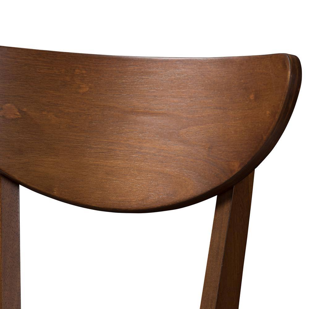 Close-up of the curved wooden backrest of a bar stool.