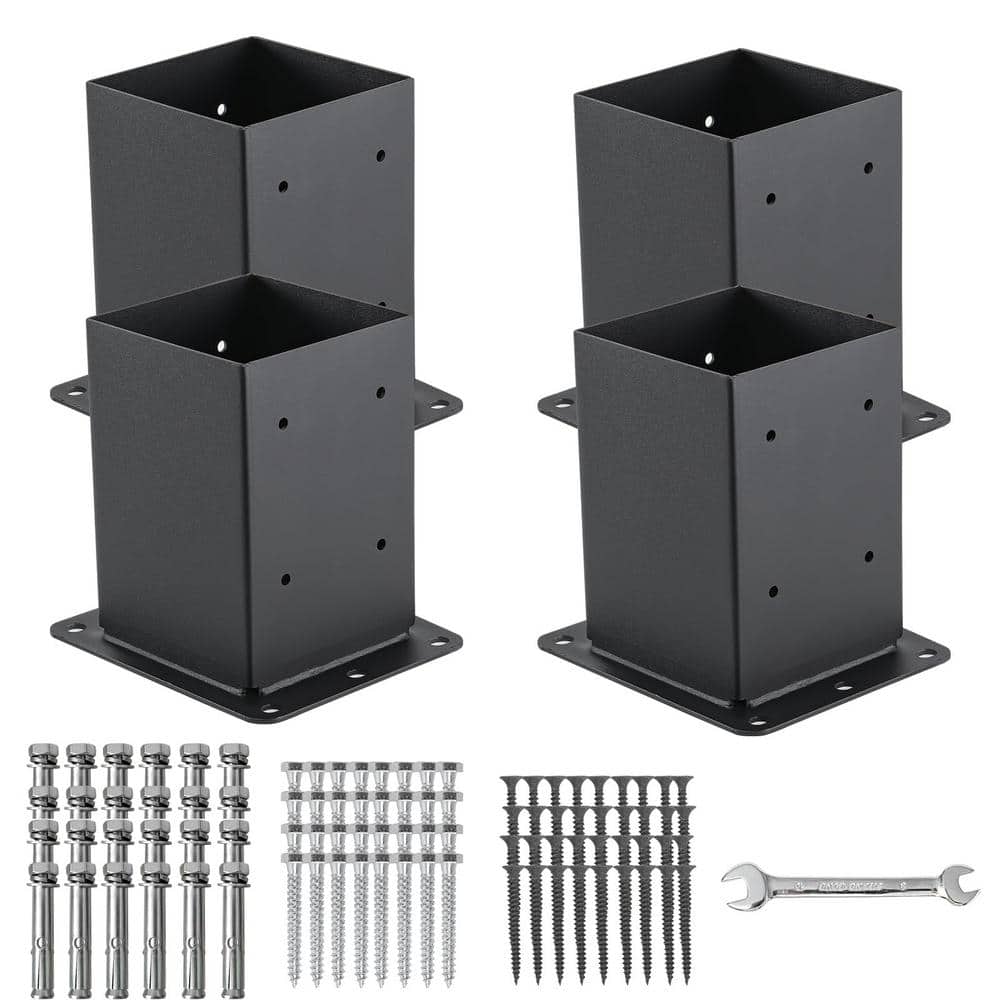 4 in. x 4 in. Black Steel Post Base Deck Post Bracket for Deck Base Fence K