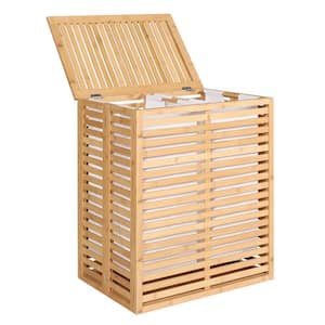 Yellow Bamboo Laundry Hamper 25.3 in. H x 21.8 in. W x 14.1 in. D Wood 2 Bag Laundry Sorter