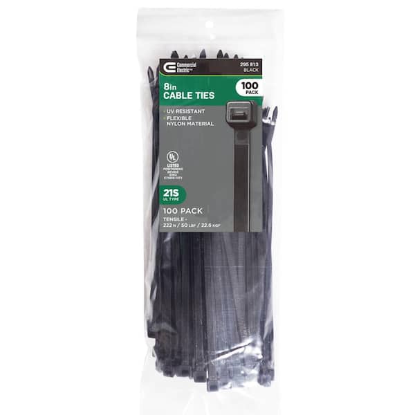 8in Standard 50lb Tensile Strength UL 21S Rated Cable Zip Ties 100 Pack UV (Black)
