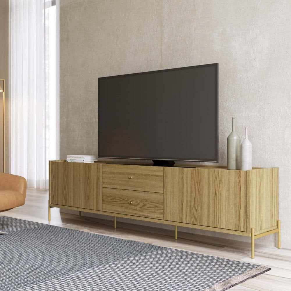 Jasper 72.91 in. Oak TV Stand With 2-Drawers Fits TV's up to 70 in. With Steel Gold Legs