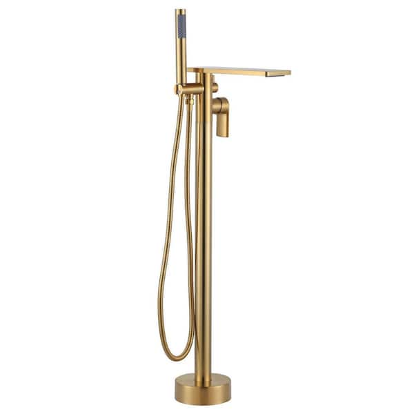 Brass Freestanding Bathtub Faucet Single-Handle Floor Mount Claw Foot Tub Faucet with Hand Shower in Gold
