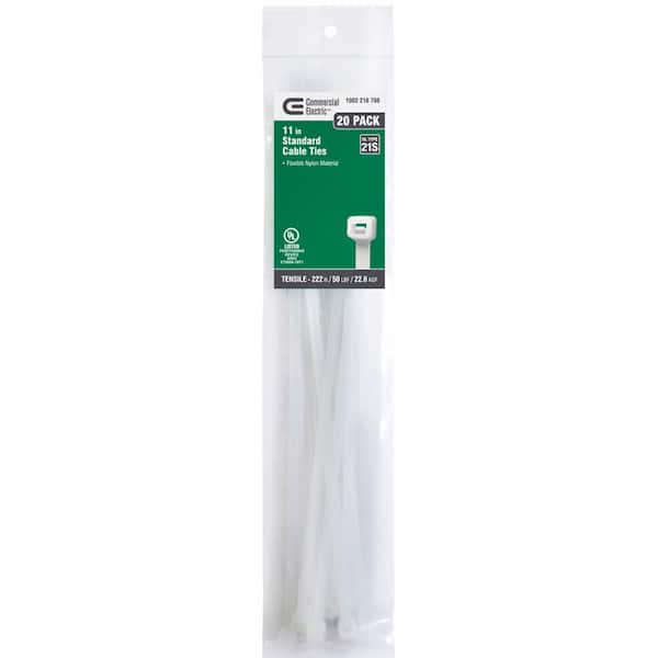 Commercial Electric 11in Standard 50lb Tensile Strength UL 21S Rated Cable Zip Ties 20 Pack Natural (White)