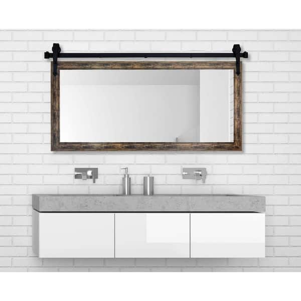 (50 in. W x 31 in. H) Brushed Brown Accent Mirror with Steel Barn Door Rail