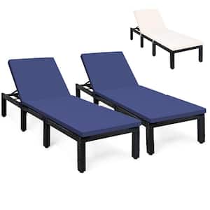 2-Pieces Patio Lounge Chair Rattan Chaise with Adjustable Navy and Off White Cushioned