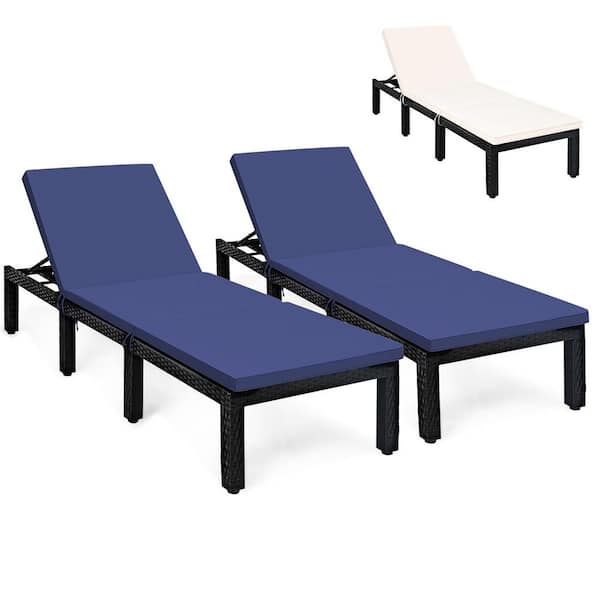 Gymax 2-Pieces Patio Lounge Chair Rattan Chaise with Adjustable Navy and Off White Cushioned
