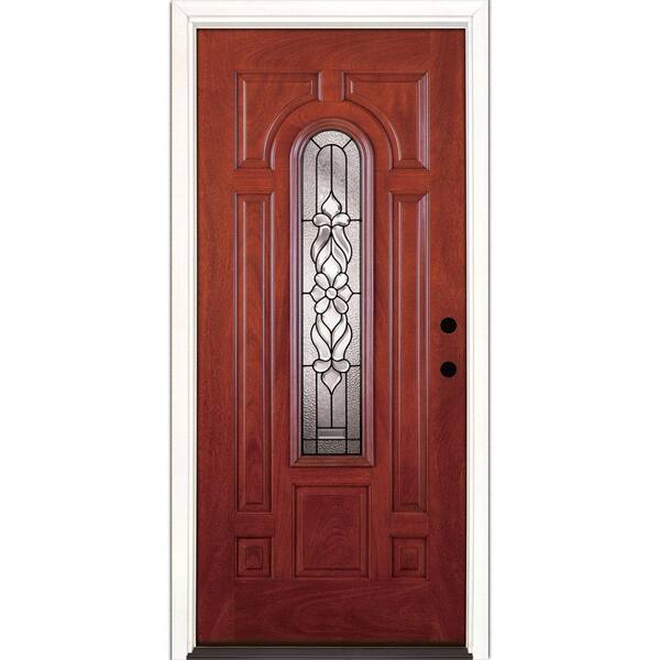 Feather River Doors 37.5 in. x 81.625 in. Lakewood Patina Center Arch Lite Stained Cherry Mahogany Left-Hand Fiberglass Prehung Front Door