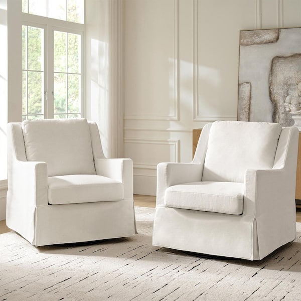 Andres Ivory Farmhouse Slipcovered Polyester Swivel Arm Chair Set of 2 with Pillow Back