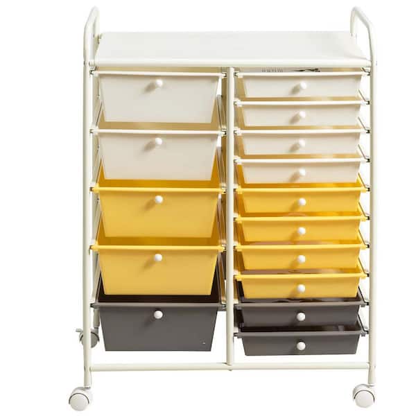 HONEY JOY Grey & Beige & Yellow 15-Drawer Rolling Trolley Mobile Storage Cart Craft Storage Tools Scrapbook Paper Organizer