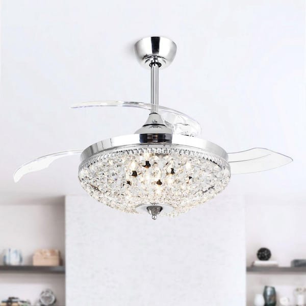 42 in. Retractable 3-Blade Chrome Crystal Ceiling Fan with Light Kit and Remote Control
