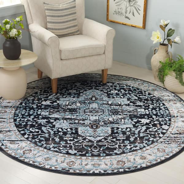 Mayflower 7 ft. x 7 ft. Blue/Ivory Medallion Distressed Round Area Rug