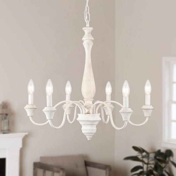 6-Light Vintage White Candle Design Hanging Linear Chandelier Lighting for Kitchen Island