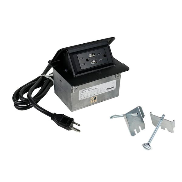 deQuorum Pop Up Countertop Box with 15 Amp USB Charging Tamper Resistant Receptacle and 6 ft. Cord, Black
