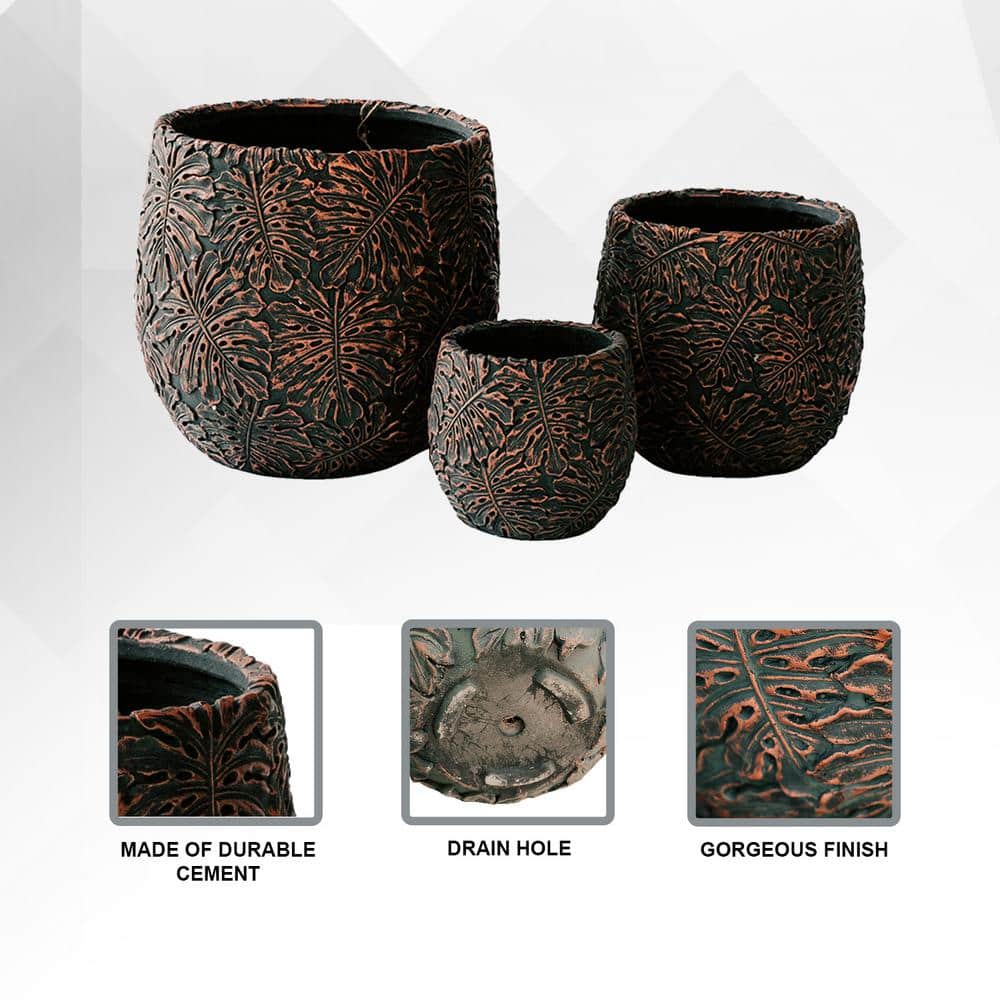 Set of 3 Round Brown and Bronze Fiberstone Outdoor Planters