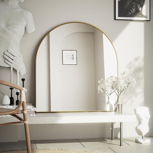 31.5 in. W x 33.5 in. H Arched Gold Modern Aluminum Alloy Framed Wall Mirror